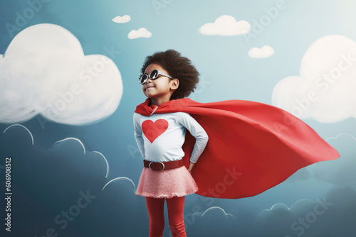 Cute little black girl dressed up in superhero costume with heart. Generative AI.