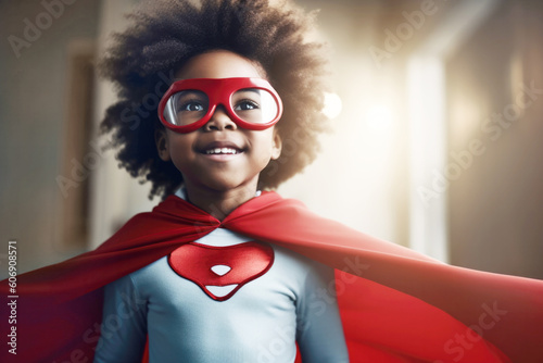 Cute little confident black kid at home in superhero costume. 