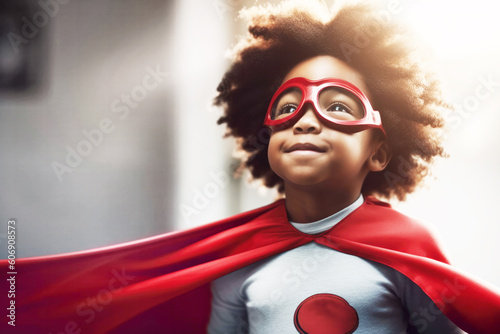 Cute little hopeful black child at home in superhero costume. Generative AI. photo
