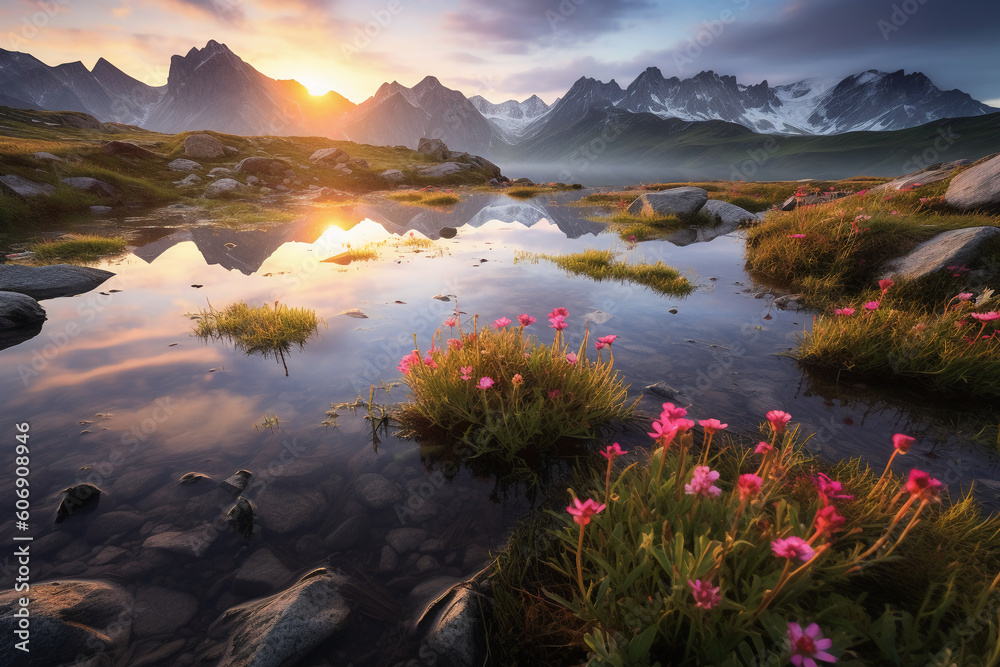 a serene mountain landscape at sunrise with a field of different colored wildflowers in the foreground. AI generative