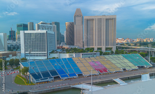 Aerial view of Formula 1 Singapore race track tribunes in the Marina bay. Track located in the city center photo