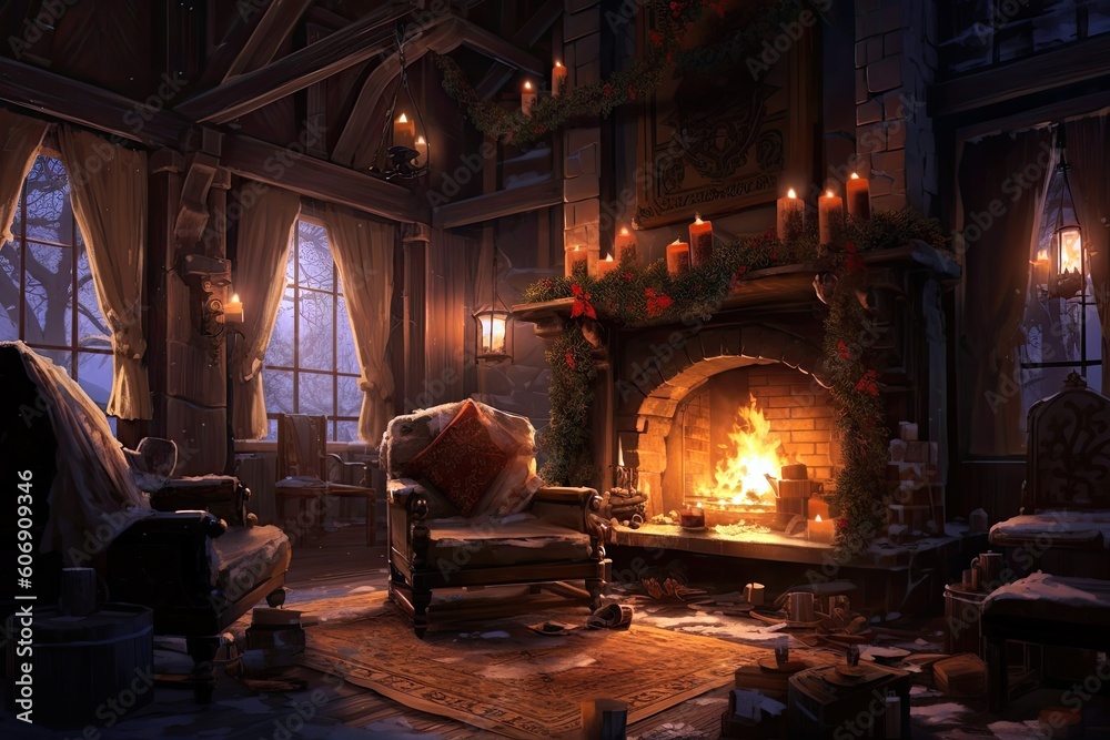 A cozy fireplace adorned with crackling logs. Generative ai. A cozy fireplace adorned with crackling logs. Generative ai.