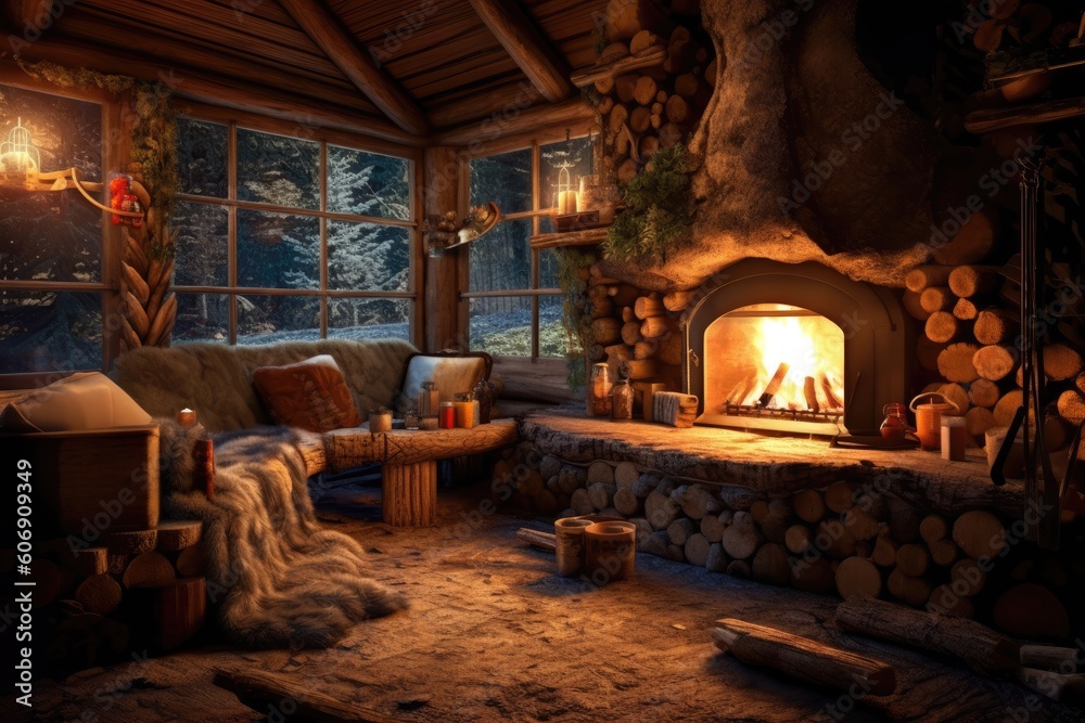 A cozy fireplace adorned with crackling logs. Generative ai.