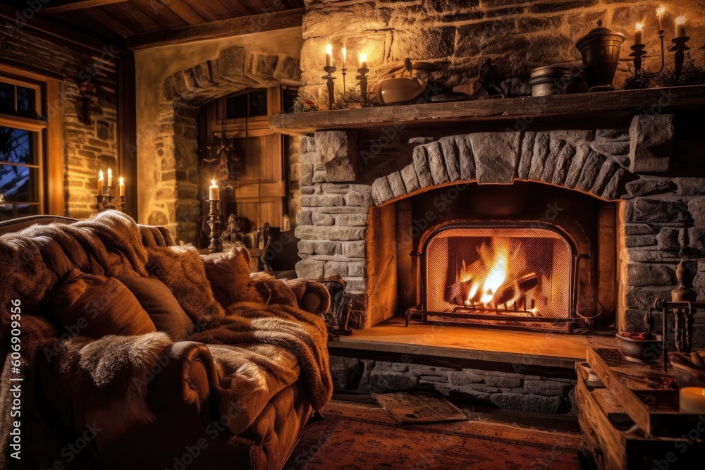 A cozy fireplace adorned with crackling logs. Generative ai. A cozy fireplace adorned with crackling logs. Generative ai.