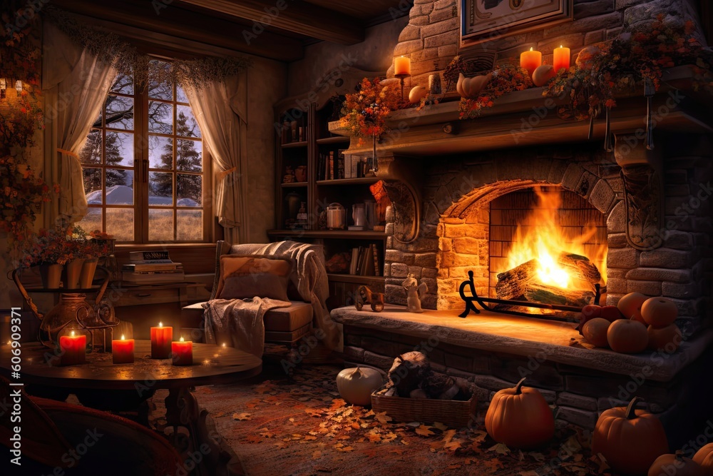 A cozy fireplace adorned with crackling logs. Generative ai. A cozy fireplace adorned with crackling logs. Generative ai.