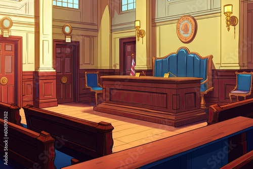 A courtroom with a judge's bench, witness stand, and jury box. Generative ai. photo