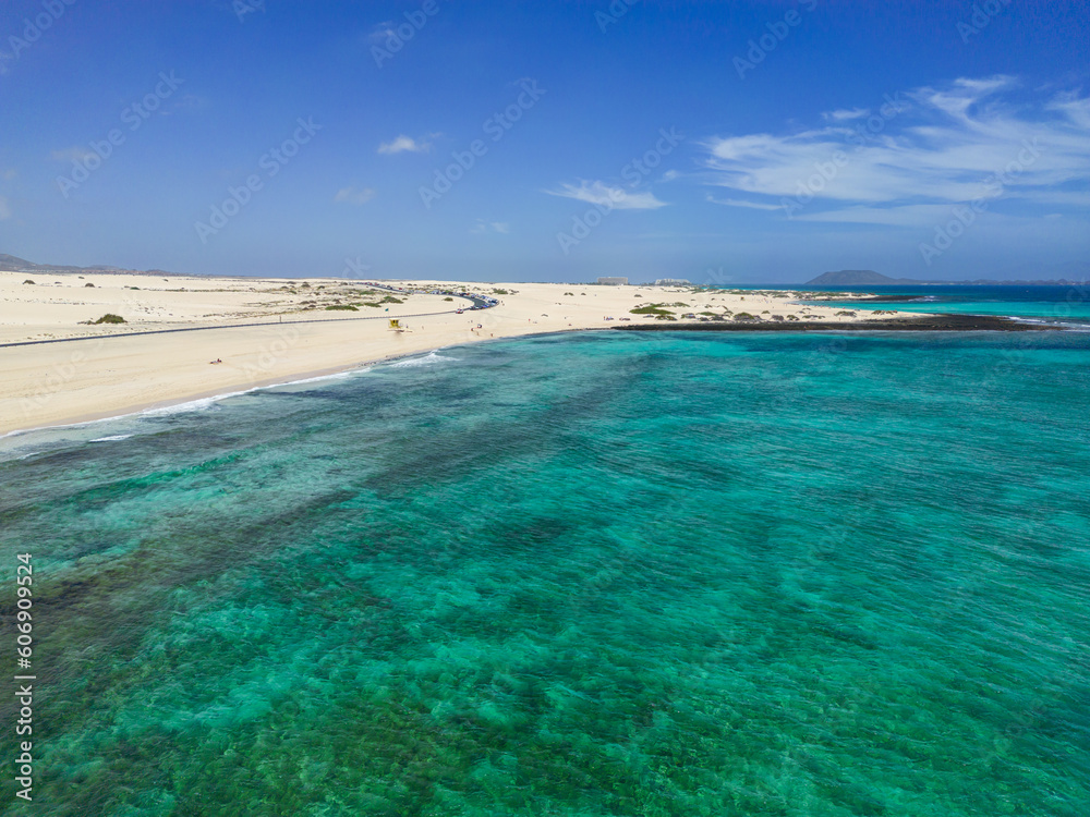 Beautiful mid level aspect aerial panoramic view of Glass Beach Playa near Corralejo in Fuerteventura Spain
