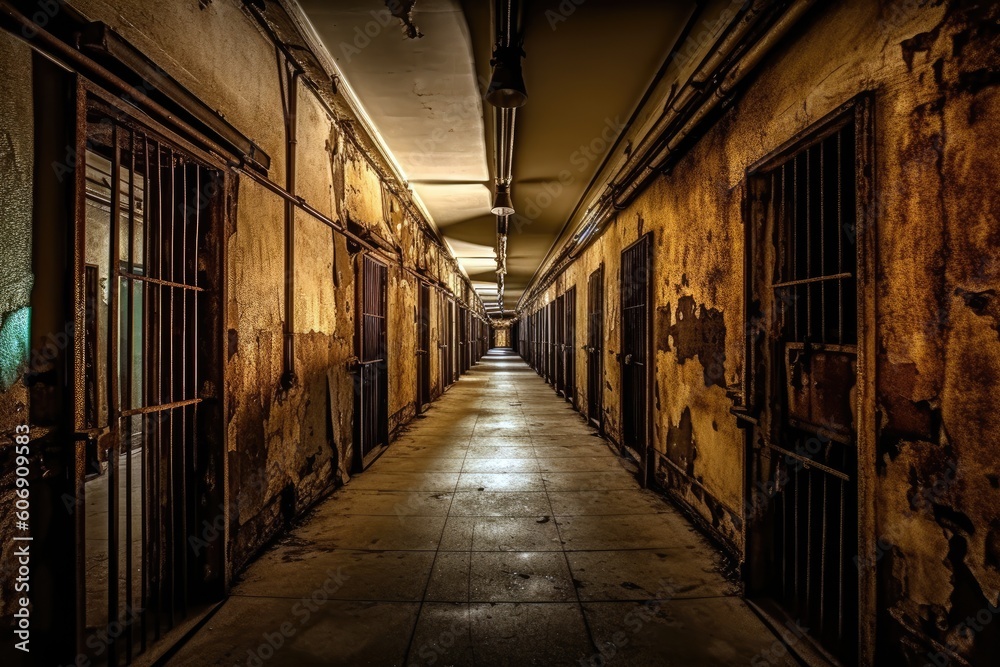 A row of prison cells lining a long, dimly lit corridor. Generative ai.
