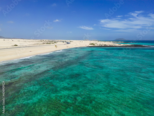Beautiful mid level aspect aerial panoramic view of Glass Beach Playa near Corralejo in Fuerteventura Spain © Dave