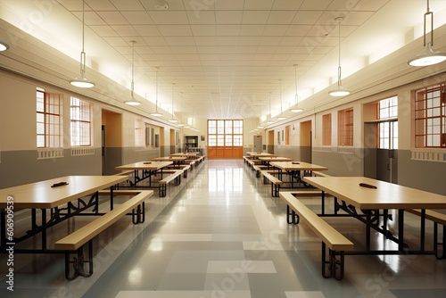 A prison cafeteria with long tables and institutional-style seating. Generative ai.