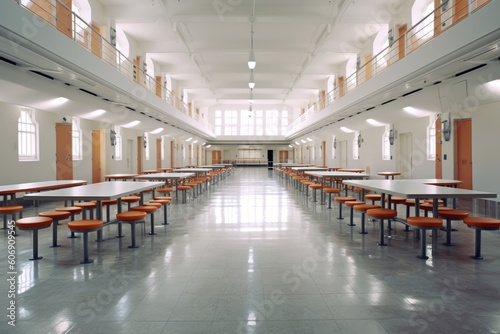 A prison cafeteria with long tables and institutional-style seating Fototapet