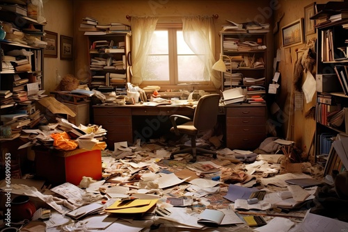 A ransacked room or office with overturned furniture and scattered documents. Generative ai.