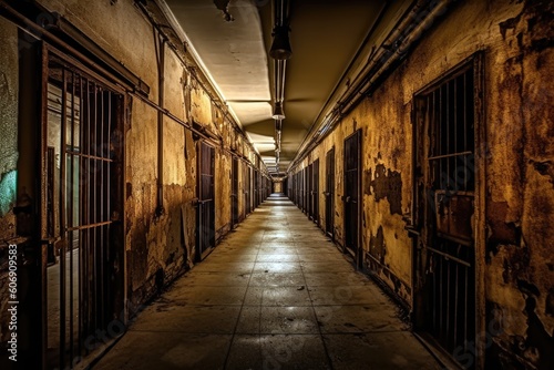 A row of prison cells lining a long, dimly lit corridor. Generative ai.