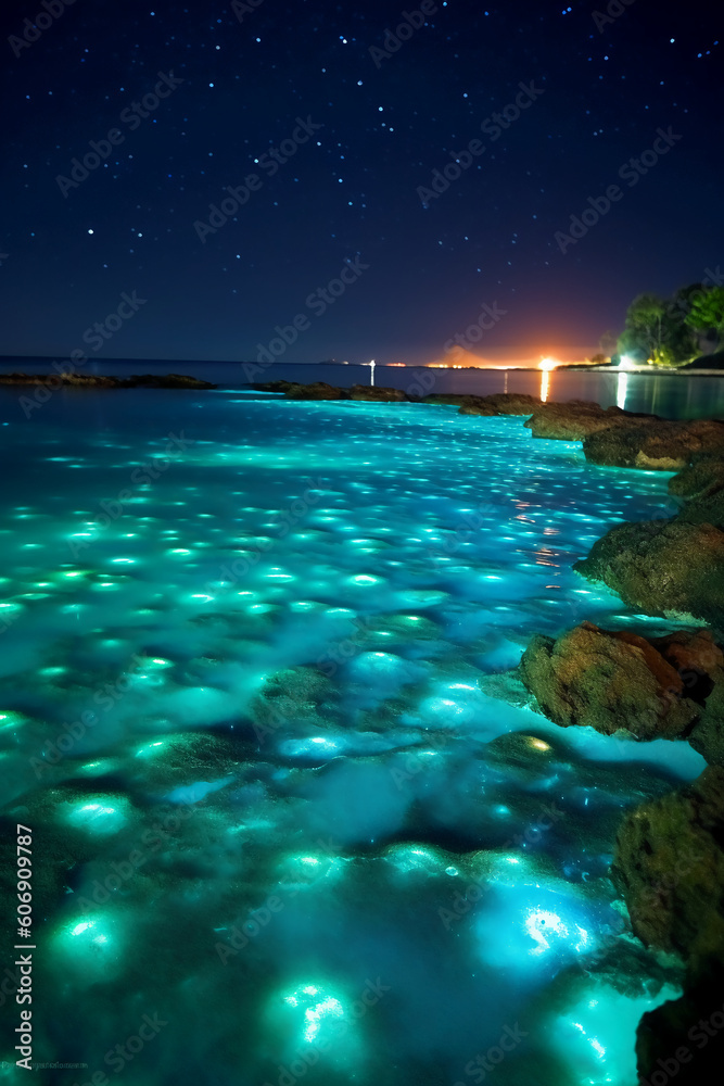 Blue Bioluminescence algae beach at night. AI generative