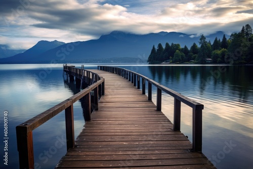 A tranquil lakeside pier with wooden benches, offering a picturesque view of the shimmering water and distant mountains. Generative ai.