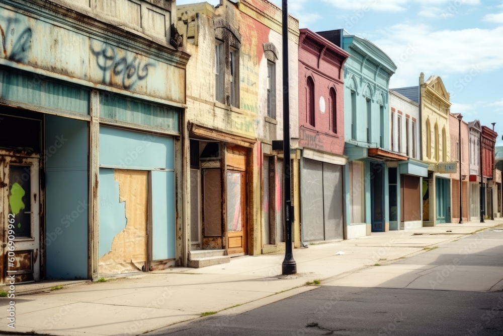 Empty storefronts and boarded-up shops along a once-thriving shopping street. Generative ai.