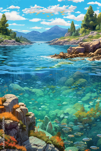 Highlight the juxtaposition between the vibrant marine life and the rocky landscape. AI generative