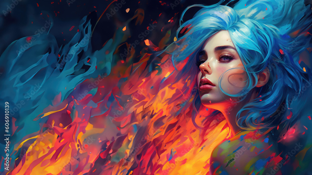 Portrait of a free-spirited young teenage girl with flowing colorful blue paint splash hair, vibrant fiery red flames in background - generative AI Portrait of a free-spirited young teenage girl with flowing colorful blue paint splash hair, vibrant fiery red flames in background - generative AI