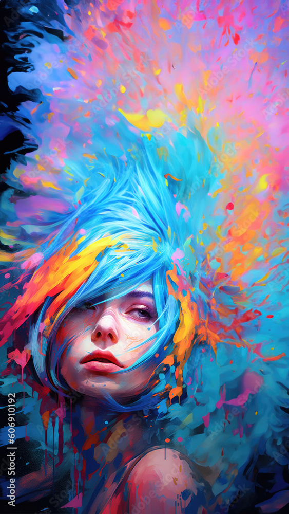 Portrait of a pretty young teenage girl with flowing colorful blue paint splash hair, vibrant windblown and tangled, rebellious portrait glamour - generative AI Portrait of a pretty young teenage girl with flowing colorful blue paint splash hair, vibrant windblown and tangled, rebellious portrait glamour - generative AI
