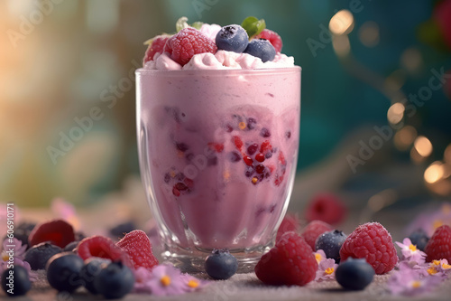 Berries and Cream dessert in a glass  adorned with assorted berries. Generative AI.