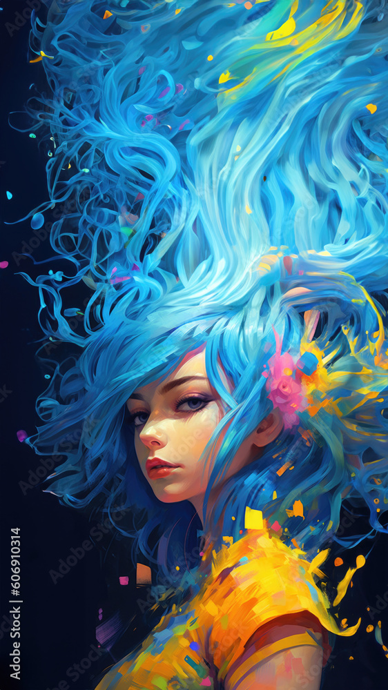 Portrait of a pretty young teenage girl with flowing colorful blue paint splash hair, vibrant windblown and tangled, rebellious portrait glamour - generative AI Portrait of a pretty young teenage girl with flowing colorful blue paint splash hair, vibrant windblown and tangled, rebellious portrait glamour - generative AI
