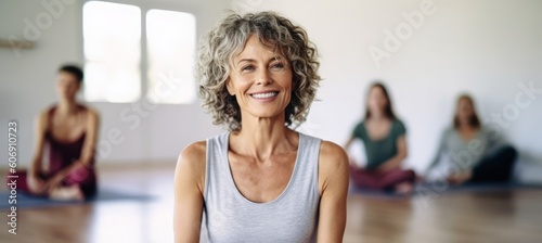 Smiling Mature woman meditating sitting in a yoga studio. Generative AI