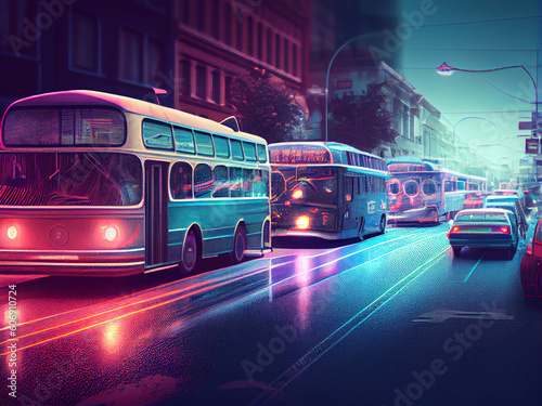 The image of the movement of retro buses on a city street. Generative AI