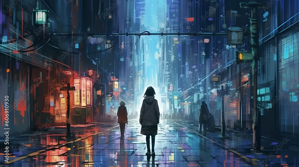 A Woman walks through a rainy cyberpunk style alleyway at night, Generative AI