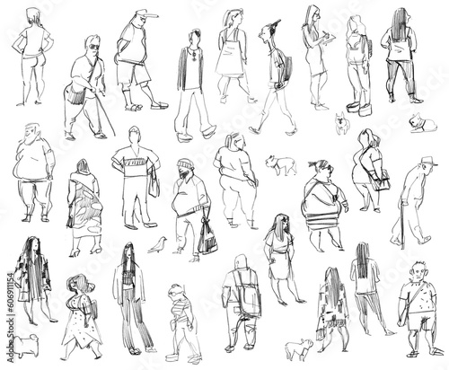 Outline sketch of the figure of a people from nature. Pencil doodles. Freehand drawing with pencil. Set. Isolated on white background
