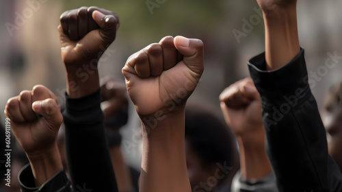 Close-up of black people at a demonstration with raised fist. Generative AI photo