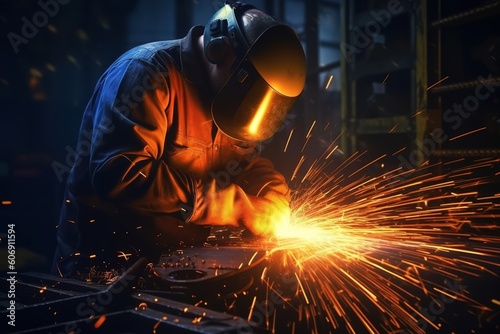 Sparks fly as the worker cuts the iron. By Generative AI.