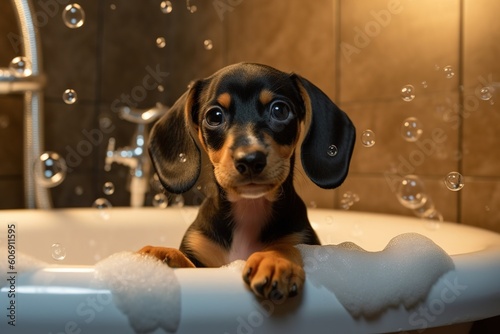 A puppy bathing in the bathtub in the bathroom. By Generative AI © Firat