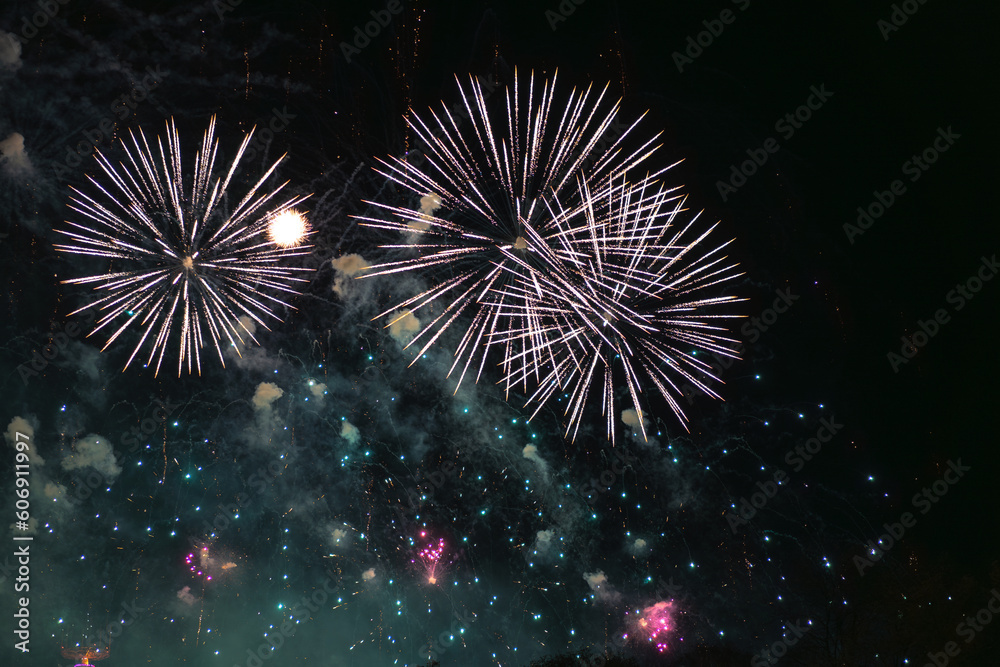 Red yellow and green fireworks celebration