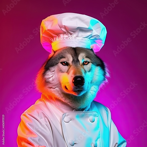 Wolf in chef uniform, complete with toque hat. Generative AI photo