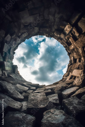 Looking up from inside a well at a small circle of sky, holy light. AI generative