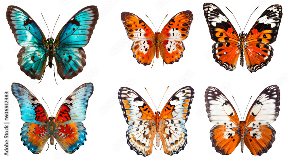 Set of butterflies isolated on transparent background, generative ai Set of butterflies isolated on transparent background, generative ai