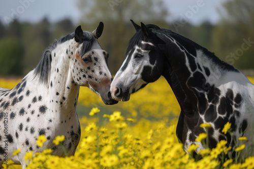 Two horses standing face to face, warmblood baroque type, barock pinto black - and - white tobiano patterned