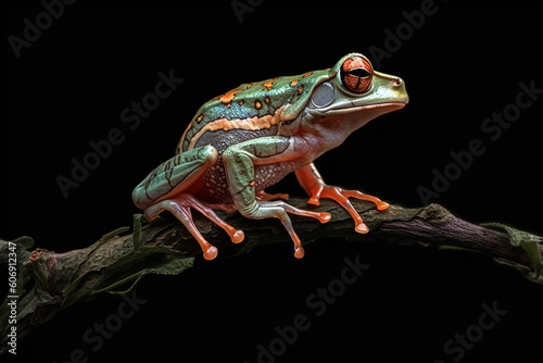 Javan tree frog on sitting on branch, flying frog on branch, tree frog on branch, Generative AI.