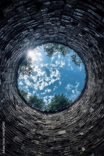 Looking up from inside a well at a small circle of sky, holy light. AI generative