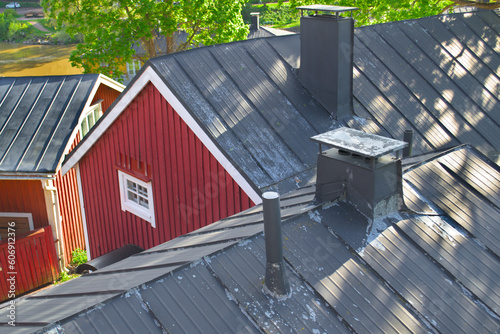 Old roofs of wooden red houses, tourist places