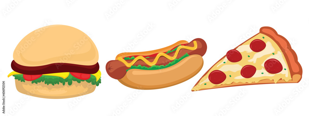 fast food vector art illustration pizza, burger and hotdog cartoon design