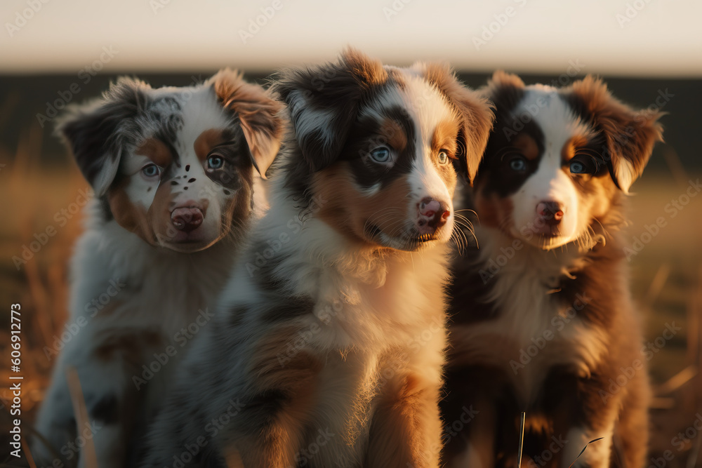 Australian Shepherd puppies play in grass, Generative AI