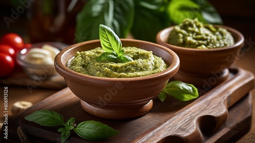 basil pesto sauce and ingredients for pesto on wooden background. Ai Generative.