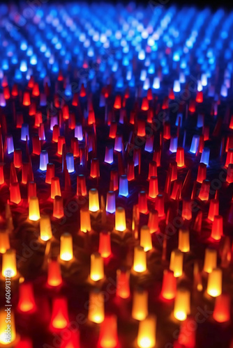 Red blue yellow pinpoint led lights mixing together beautifully. AI generative