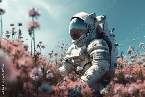 A lone astronaut explores an otherworldly landscape, encountering a butterfly amidst a field of vibrant flowers. Is AI Generative.