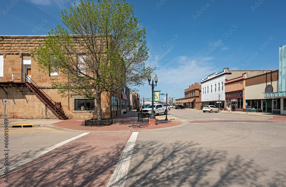 View of businesses on State Street in downtown Belle Fourche, South Dakota, USA