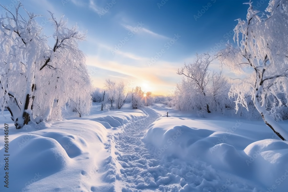 The morning sun, the white world, roads and trees covered with thick snow, snow hanging on the branches. AI generative