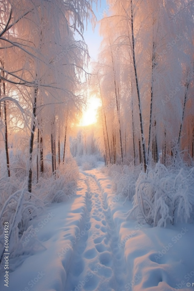 The morning sun, the white world, roads and trees covered with thick snow, snow hanging on the branches. AI generative The morning sun, the white world, roads and trees covered with thick snow, snow hanging on the branches. AI generative