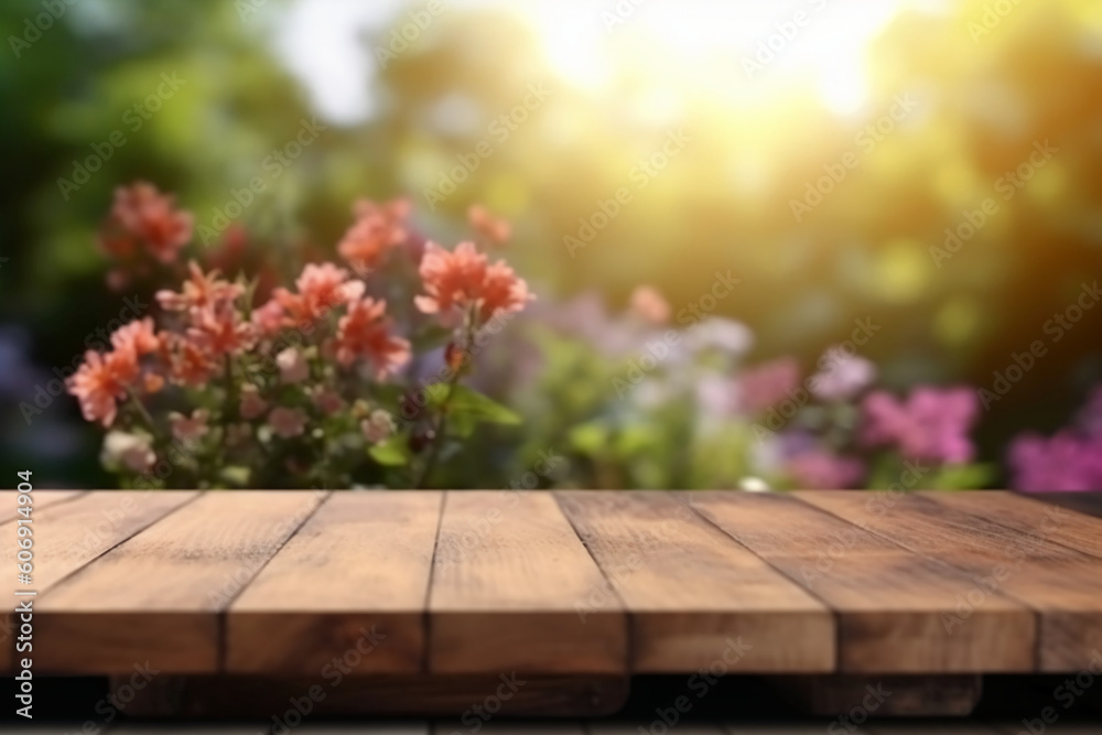 Wooden Board Table Top with Empty Space and Blurred Flower Garden Background. AI generative