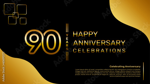 90 year anniversary logo design with a double line concept in gold color, logo vector template illustration